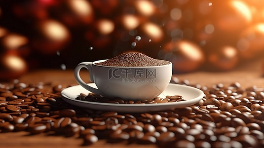 卡咖啡背景图片_一杯温暖的咖啡，带有逼真咖啡豆的 3D 背景