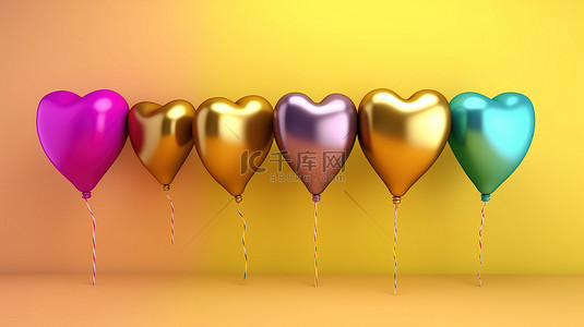 彩虹背景与心形金气球水平新年横幅 3d 渲染