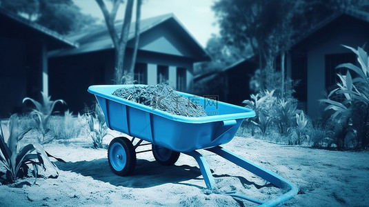 用于园艺和建筑的蓝色独轮车的 3D 渲染双色调风格