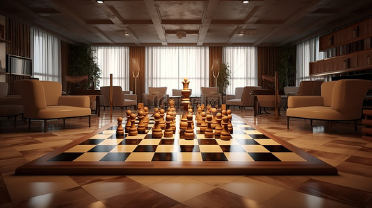棋格背景图片_棋盘比赛冠军室的 3D 渲染插图