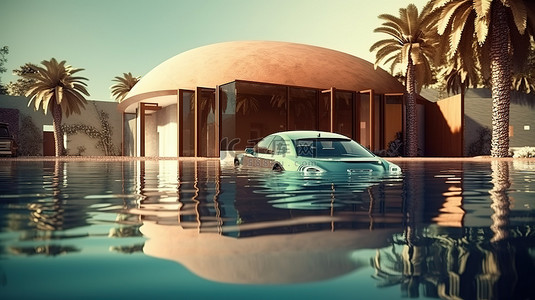 被水淹没的房屋和汽车 3D 渲染概念