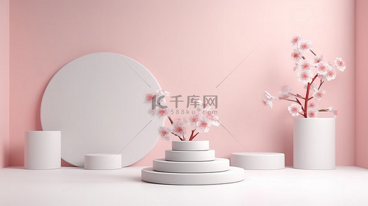 简约的日本讲台，樱花背景，用于产品展示 3D 渲染图像