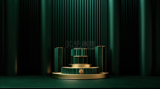 垂直奢侈品展示深绿色3D圆柱讲台，墙上有金线装饰品