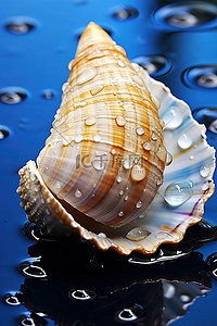 一个大贝壳，上面有一些水滴