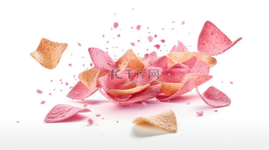 牛奶滴下背景图片_白色背景下粉红色草莓牛奶孤立飞片的 3D 插图