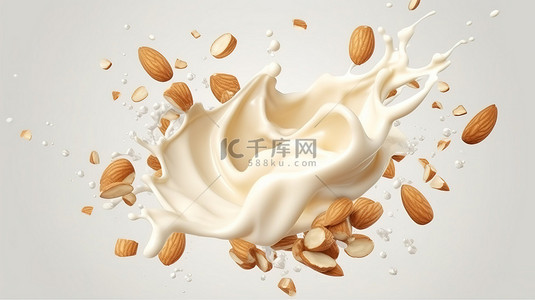品质食品背景图片_牛奶中的杏仁种子飞溅高品质剪切路径 3D 插图