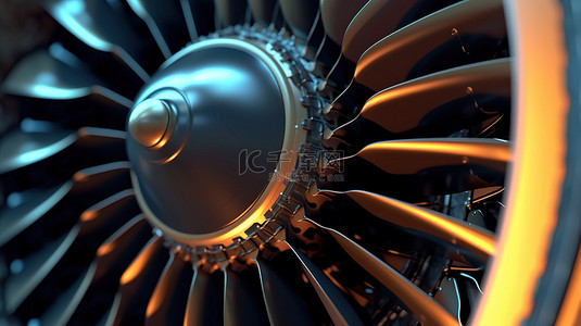 工业金属背景图片_飞机进气口和风扇叶片的特写 3D 渲染