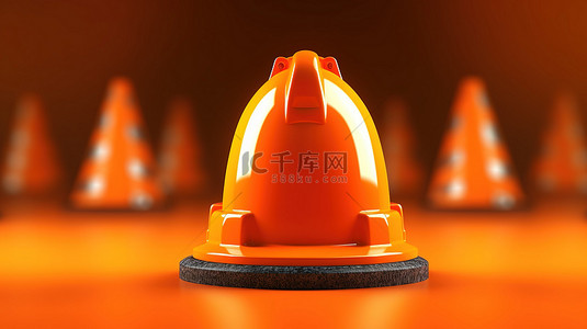 橙色标志背景图片_橙色背景建筑主题的 3D 插图，配有安全帽和交通锥