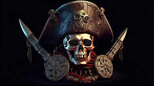 带有 Theta 加密货币剑和帽子的海盗头骨的 3D 渲染插图