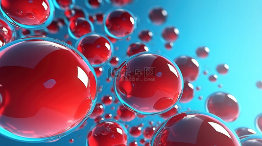 红气球背景背景图片_不同大小的充满活力的红色气泡漂浮在蓝色背景 3D 渲染图像上