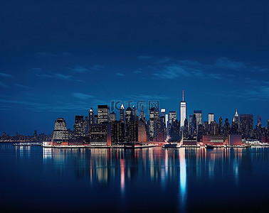 海湾背景图片_曼哈顿天际线 曼哈顿天际线被海湾天蓝色的海水吞没