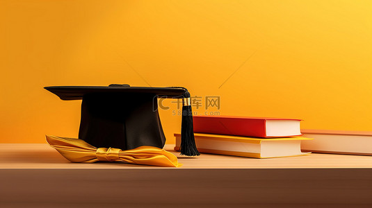黄色背景上带有复制空间的独立文凭和毕业帽的 3D 插图