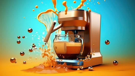 泡泡机背景图片_带有漂浮液体的咖啡机的 3D 渲染