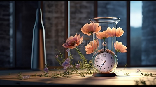 波斯菊背景图片_带有阴影和时钟场景的玻璃花瓶中波斯菊的 3D 渲染