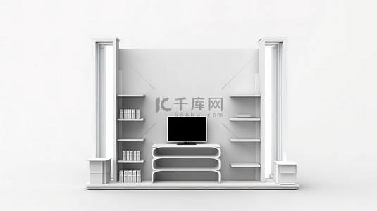 宣传模板背景图片_用于贸易展览摊位的液晶展示架和杂志架的独立 3D 渲染