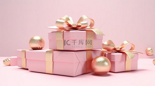 粉色礼品盒背景图片_白色背景的 3D 渲染，带有金色丝带和粉色礼品盒上的小玩意