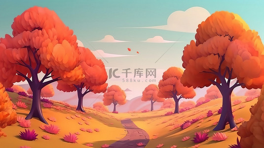 秋天黄叶卡通背景图片_秋季风景背景中的 3d 卡通风格树木