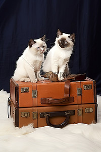 雪边背景图片_棕色手提箱里的两只小猫坐在雪地上