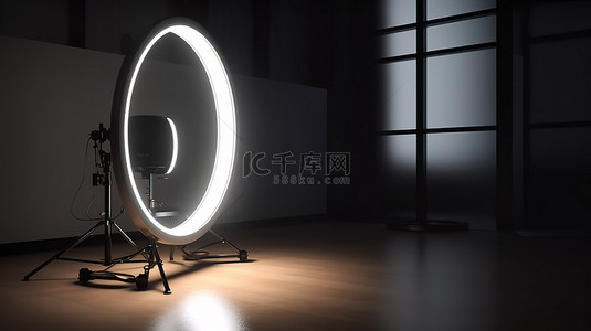 化妆品模特背景图片_工作室照明概念三脚架安装圆形灯环 3D 渲染