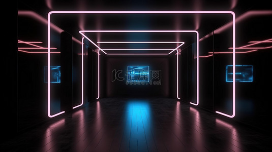 虚拟现实 3D 渲染一个空房间，用于在暗发光的霓虹灯和黑色背景下展示产品