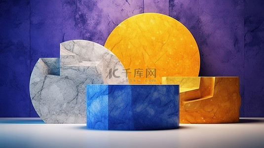 充满活力的石头展示了黄蓝色和紫色与抽象 3D 渲染的融合