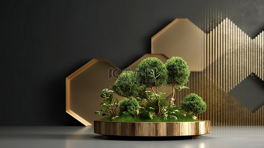 六角形讲台的 3D 渲染，展示家居植物金饰和树形