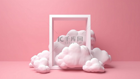 粉红色背景与孤立的方形框架具有 3d 云
