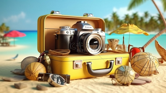 拉开拉链的手提箱装满相机和海滩必需品，用于旅行和旅游 3D 渲染