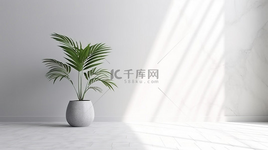 家居清背景图片_时尚简约的 3D 室内设计，配有大理石地板和淡淡的绿色植物