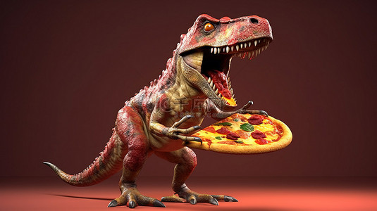 搞笑霸王龙享受披萨的 3D 插图