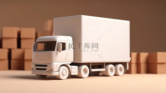 卡车上带有白色纸板箱模型的欧元托盘的 3D 渲染