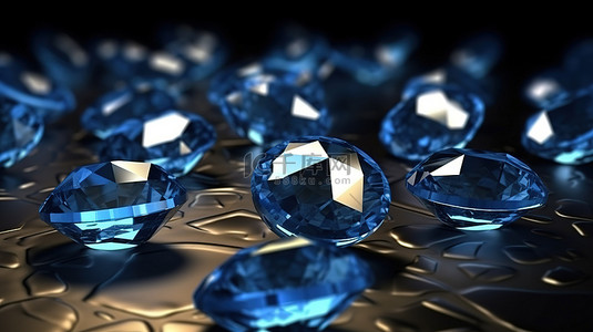 蓝宝石表背景图片_3D 插图中排列在抛光表面上的蓝色钻石蓝宝石系列