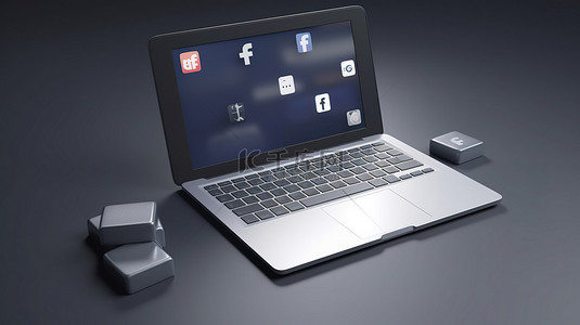 facebook 徽章和图标 3d 渲染放置在灰色笔记本电脑背景上
