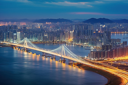 城市河流背景图片_首尔天际线城市桥梁河流云天空和海滩