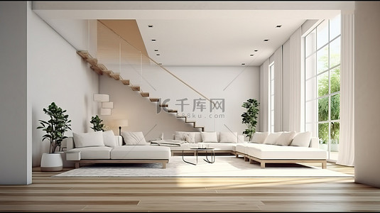 数字创建的宽敞现代客厅的 3D 渲染，配有楼梯模型和明亮的内饰