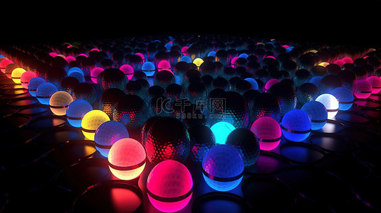 彩色球体填充空间中的 3D 渲染霓虹灯网格