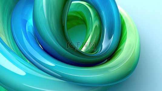 绿色和蓝色色调的螺旋光泽 3D 渲染抽象艺术