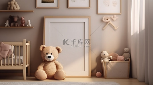 儿童卧室里可爱泰迪熊玩具的 3D 模型，配有样机相框