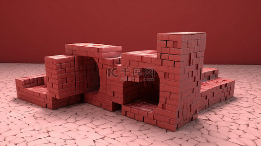 积木 3d 渲染红砖形成数字三