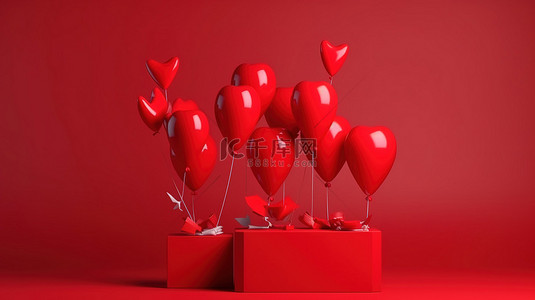 红色手提袋背景图片_充满活力的红色背景上带礼品盒手提袋和空白桌子讲台的各种心形气球