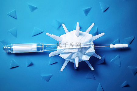 医疗卫生宣传展板背景图片_蓝色背景中带注射器的抗冠状病毒面罩