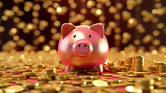 金币雨点落在可爱的粉红色存钱罐上，象征着创造性的财务策略和充足的存款机会 3D 渲染与复制空间