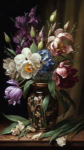 花卉花瓶油画复古背景
