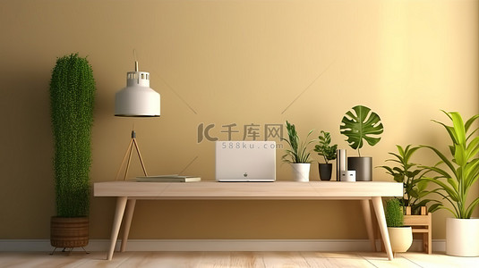 家庭办公背景图片_现代家庭办公桌上室内植物台灯和笔记本电脑的 3D 渲染