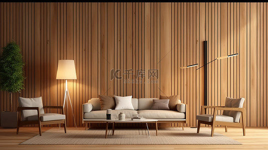 时尚简约的客厅配有木板条壁挂沙发椅和落地灯 3D 渲染