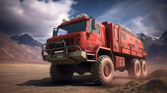 一辆坚固的红色大卡车的 3D 插图，专为偏远地区持久和冒险的旅程而建造