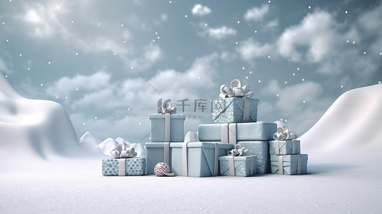 圣诞背景 3D 设计上带有雪花和礼品盒的节日贺卡