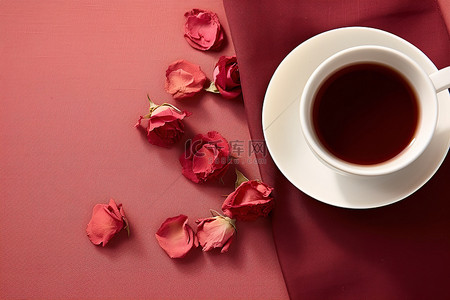 玫瑰花瓣样品旁边的一杯茶