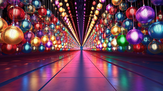 充满活力的圣诞装饰品在发光的 LED 隧道中摇曳 3D 可视化