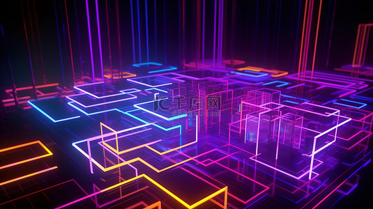 荧光紫外线 3d 渲染抽象几何背景与发光的霓虹灯线